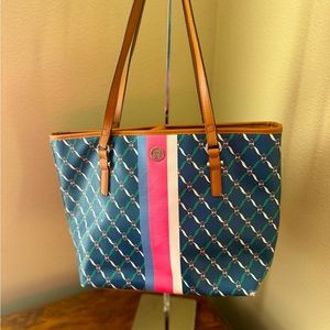 ANNE KLEIN Blue Patterned Tote with Faux Leather Trim and Tri-Color Stripe